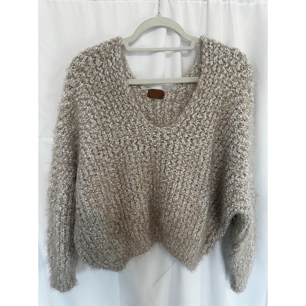 POL Oversized V-Neck Popcorn Eyelash Knit Sweater Tan Cream Slouchy UD51
